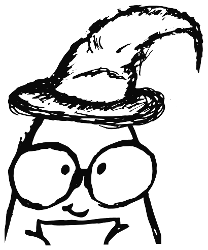 Eleanor, our hand-drawn mascot, in a witch hat