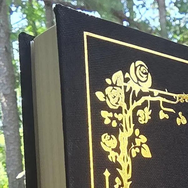 The page edges beside a black cloth board