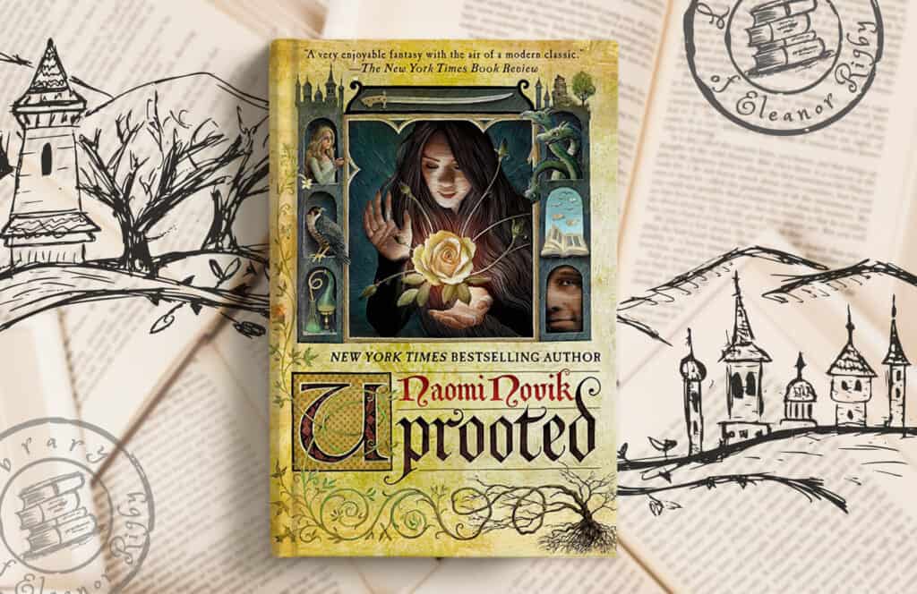 Cover photo of the book "uprooted" by Naomi Novik, with a custom background for a review on the blog "Library of Eleanor Rigby"