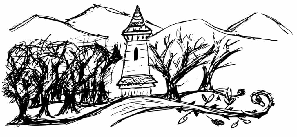 Sketch art by Nanuca Ruseishvili for the book "Uprooted" by Naomi Novik, the sketch is featuring the imagined Dragon's Tower and the Wood from the book