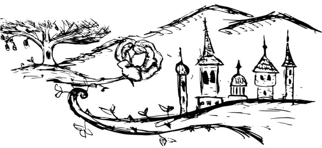 Sketch art by Nanuca Ruseishvili for the book "Uprooted" featuring the city of Kralia