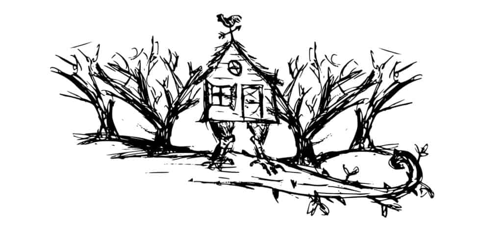 Sketch art by Nanuca Ruseishvili for Uprooted featuring Baba Jaga's house on chicken legs.