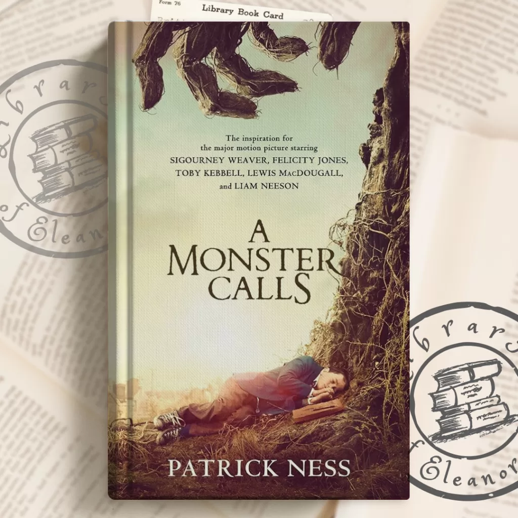 A Monster Calls book cover with a custom background a stamps from a book blog -libraryofeleanor rigby.com