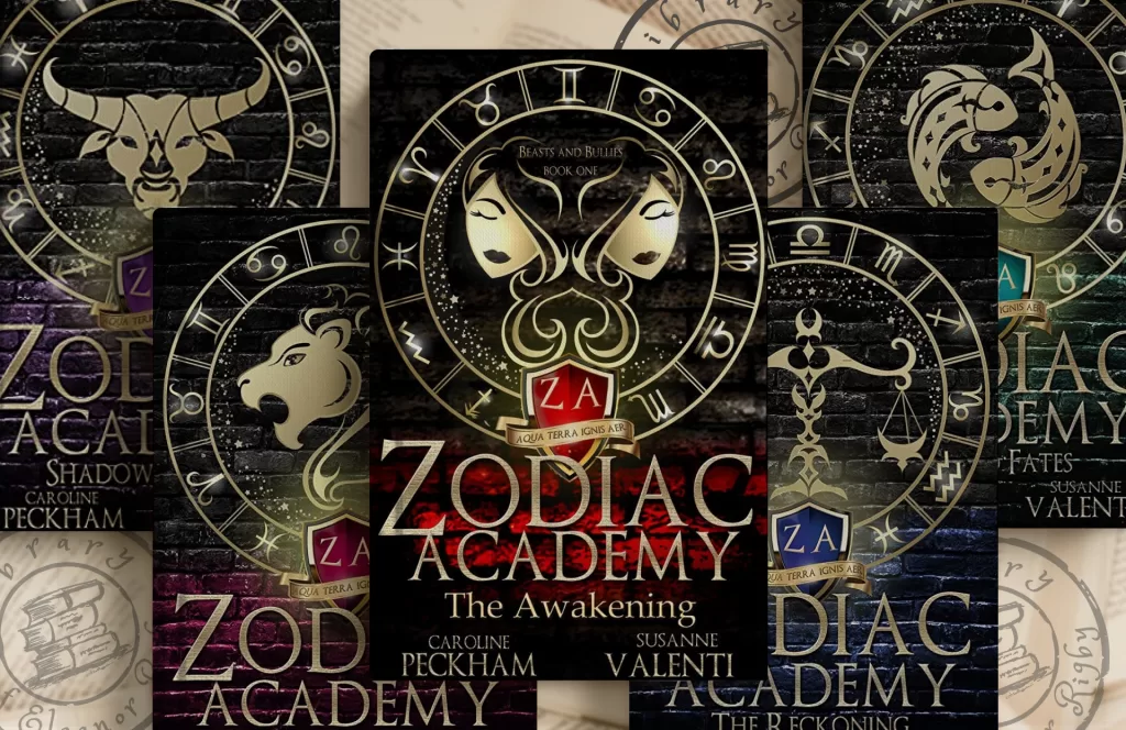 Book covers from the zodiac academy series displayed with a custom background