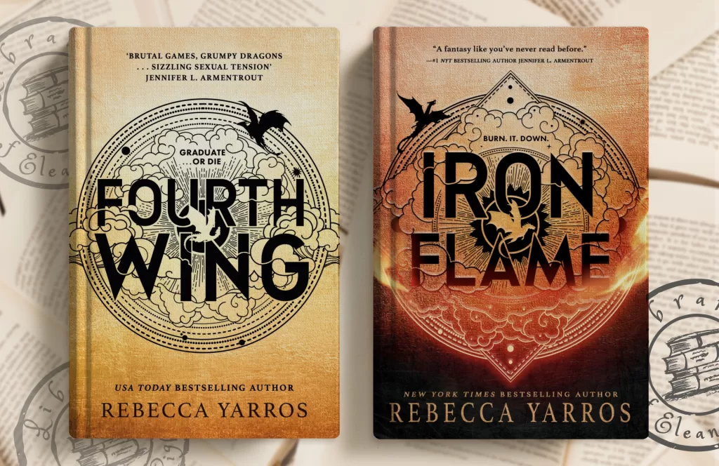 side by side Book covers of the fourth wing and iron flame from the YA book series called "The empyrean"