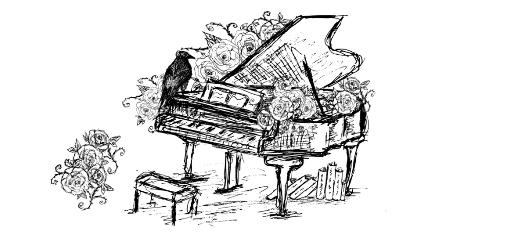 Sketch of a grand piano with roses, raven, and scattered sheet music based on Gothikana